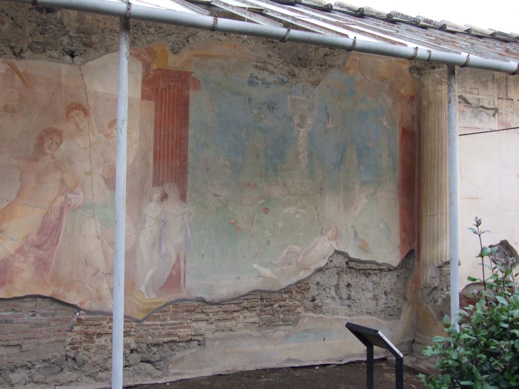 VI.7.18 Pompeii. December 2006. Large wall painting of Adonis ferito and Aphrodite in peristyle.  In front of the left column are Chiron and Achilles with a lyre. In front of the right column are Marsyas and Olympus with a lyre.




