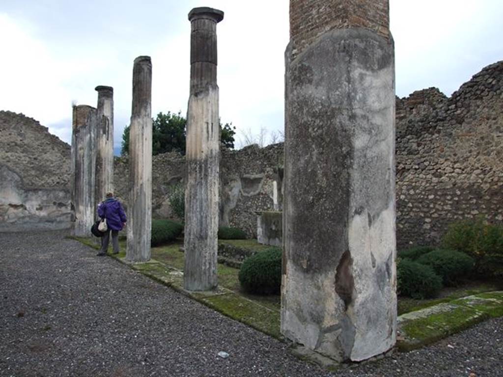 VI.7.20 Pompeii. December 2006. Looking south along east portico. According to Jashemski, the garden had a portico on the south, east and west sides, supported  by nine columns.
See Jashemski, W. F., 1993. The Gardens of Pompeii, Volume II: Appendices. New York: Caratzas. (p.130)
