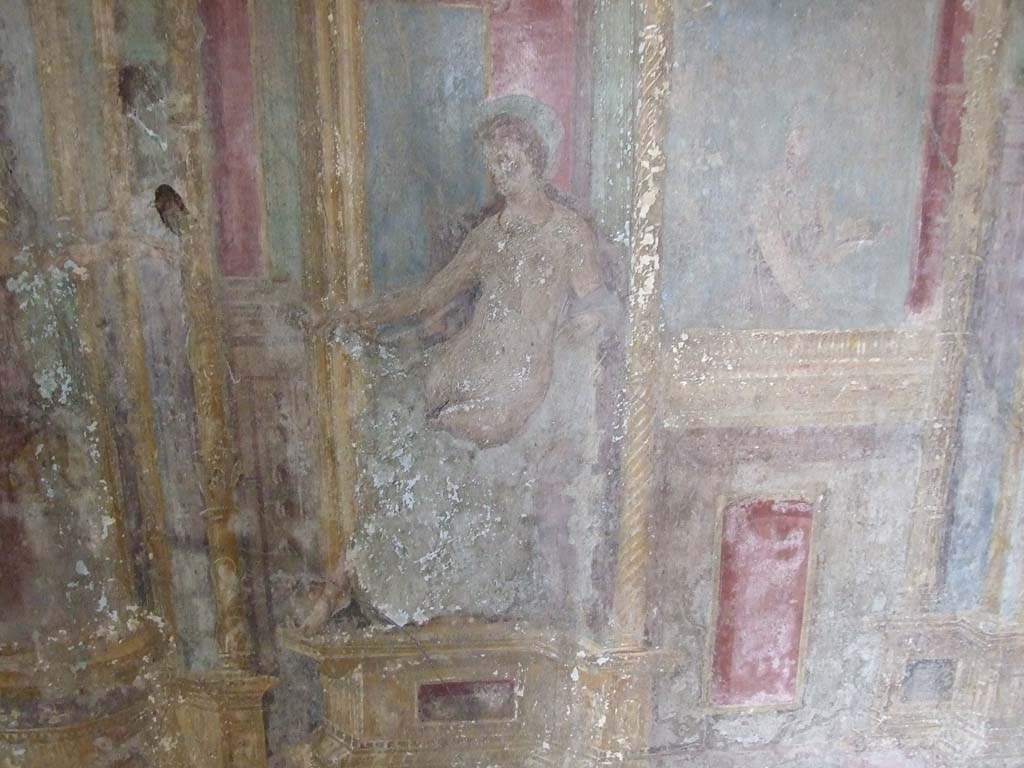 VI.7.23 Pompeii. December 2006. Cubiculum. South alcove, west wall.
According to Caso this is Marsyas with his hands tied behind his back. 
To the left is a male figure looking down from a balustrade.
See Caso L., in Rivista di Studi Pompeiani III, 1989, p. 112.
