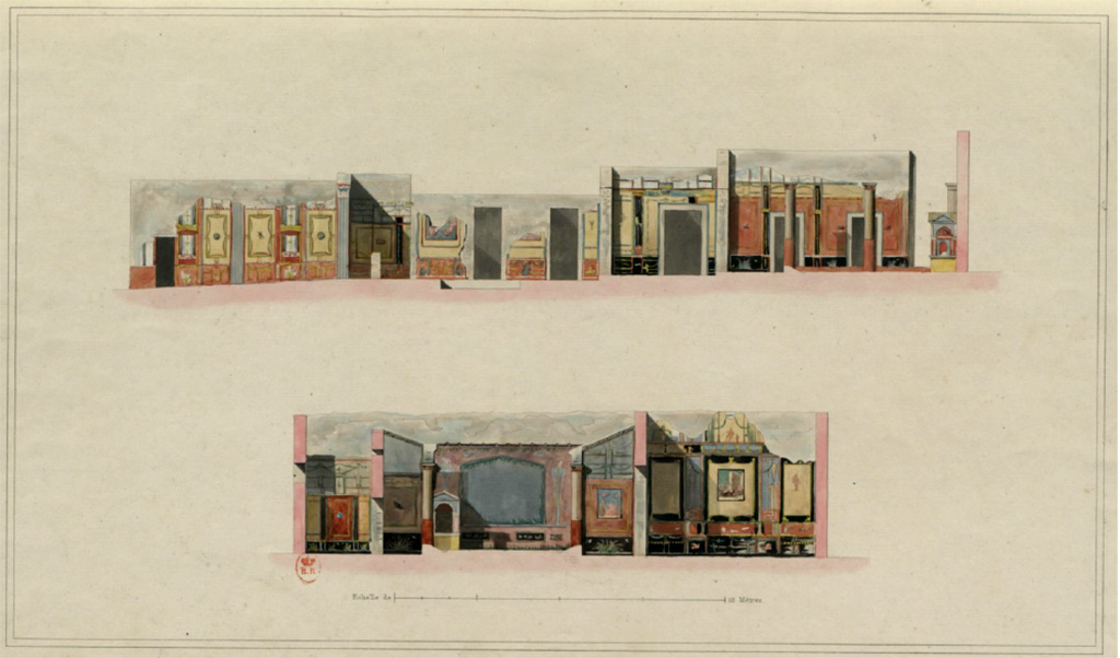 VI.8.3/5 Pompeii.c.1828. 
Top - Cross section from entrance fauces, on left, towards lararium against the north wall, on right.
Bottom – Cross section across the north wall.
See Raoul Rochette et Bouchet J., 1828. Choix d'Edifices Inédits : Maison du Poète Tragique. Paris, pl 2.
