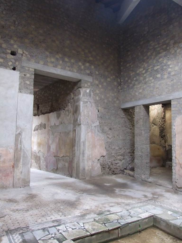 VI.8.5 Pompeii.  March 2009.  Room 1, atrium.  South west corner.
On the south west side of this wall was one of the six panels, more than 4 foot high, that used to adorn the walls of the atrium. 
Possible site of the painting of The Judgment of Paris –  the picture is now entirely obliterated. See Mau, A., 1907, translated by Kelsey F. W. Pompeii: Its Life and Art. New York: Macmillan. (p.316).
