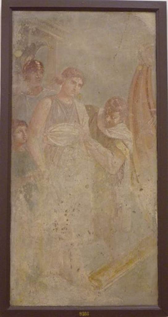 VI.8.5 Pompeii. Paintings by Francesco Morelli from the east and west walls of the atrium.  
Top left is the lower half of a painting with Poseidon and Amphitrite from the west wall.
Top right is a fragment of an unrecognisable painting. 
Lower left is the fragment of the painting of Helen about to board the boat to Troy.
Lower right is the painting of the delivery of Briseis to the messenger of Agamemnon.
All these paintings show the red zoccolo with painted plants, and yellow panels of the middle walls.
Now in Naples Archaeological Museum. Inventory number ADS 263.
Photo © ICCD. http://www.catalogo.beniculturali.it
Utilizzabili alle condizioni della licenza Attribuzione - Non commerciale - Condividi allo stesso modo 2.5 Italia (CC BY-NC-SA 2.5 IT)
