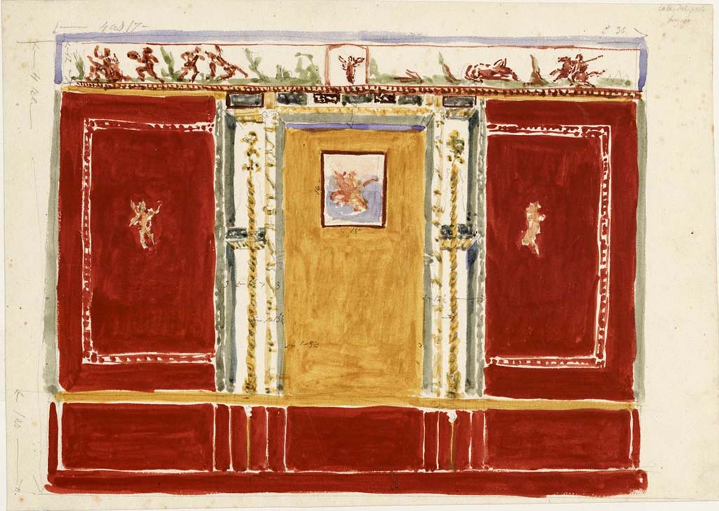 VI.8.5 Pompeii. Painting by Gottlieb Bindesbøll (1800-1856) of wall in Room 9, cubiculum.
Photo © Danmarks Kunstbibliotek inv. no. ark_7138.

