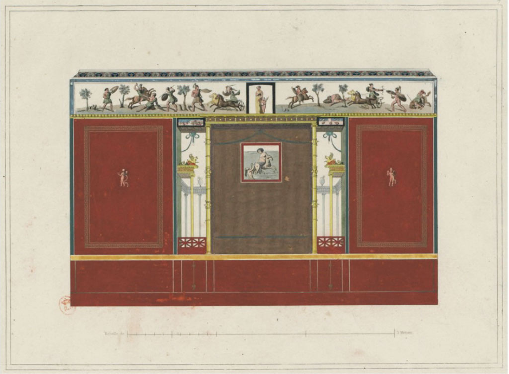 VI.8.5 Pompeii. c.1828. Room 9, looking towards west wall of cubiculum with painting of Phryxus and Helle in the centre.
See Raoul Rochette et Bouchet J., 1828. Choix d'Edifices Inédits : Maison du Poète Tragique. Paris, pl 7. (Chambre 18 on their plan.)
