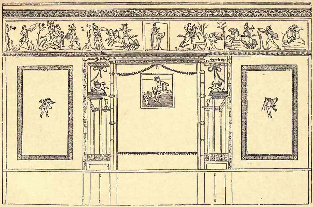 VI.8.5 Pompeii. c.1860. Room 9, drawing from Dyer of west wall of cubiculum.
See Dyer, T., 1867. Pompeii: its history. Buildings and antiquities. London: Bell & Dandy, p. 377. 
