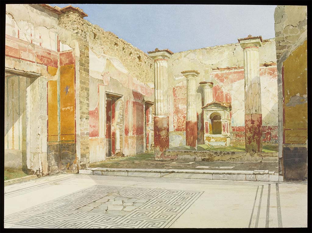 VI.8.5 Pompeii. 1899. Watercolour by Luigi Bazzani looking north-west across tablinum towards peristyle.
The doorway to room 7 can be seen in the west wall of the tablinum, on left.
Photo © Victoria and Albert Museum, inventory number 2019-1900.
