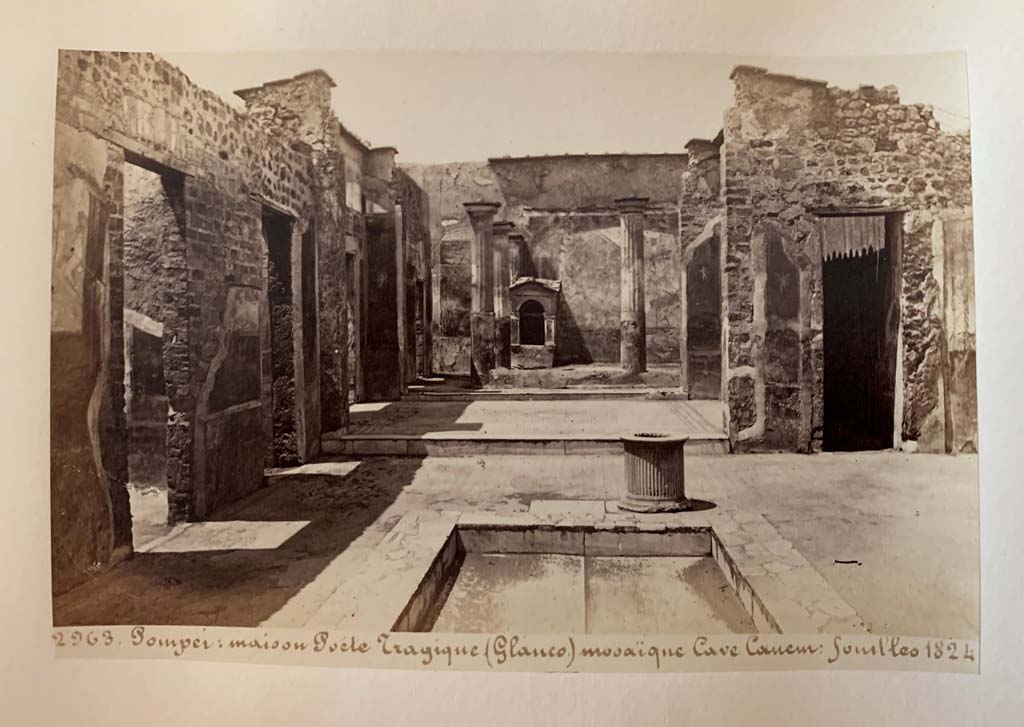 VI.8.5, Pompeii. c.1880-1890. G. Sommer no. 1210.  Looking north across impluvium in atrium towards tablinum and peristyle, at rear. Photo courtesy of Rick Bauer.
