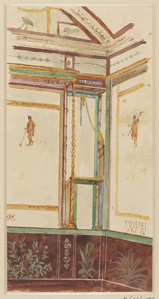 VI.8.3/5 Pompeii. 10th September (18)76. 
Watercolour by Luigi Bazzani, preliminary study of painted wall-decoration in the 'House of the Tragic Poet' at Pompeii. 
Photo © Victoria and Albert Museum. Inventory number 2034-1900.
(Note: Although this painting is described as from this house, we have been unable to locate a likely area.
According to the cross-section below, the front of the house (VI.8.5) seemed to have red zoccolos, the rear section (VI.8.3) appeared to have black ones).
