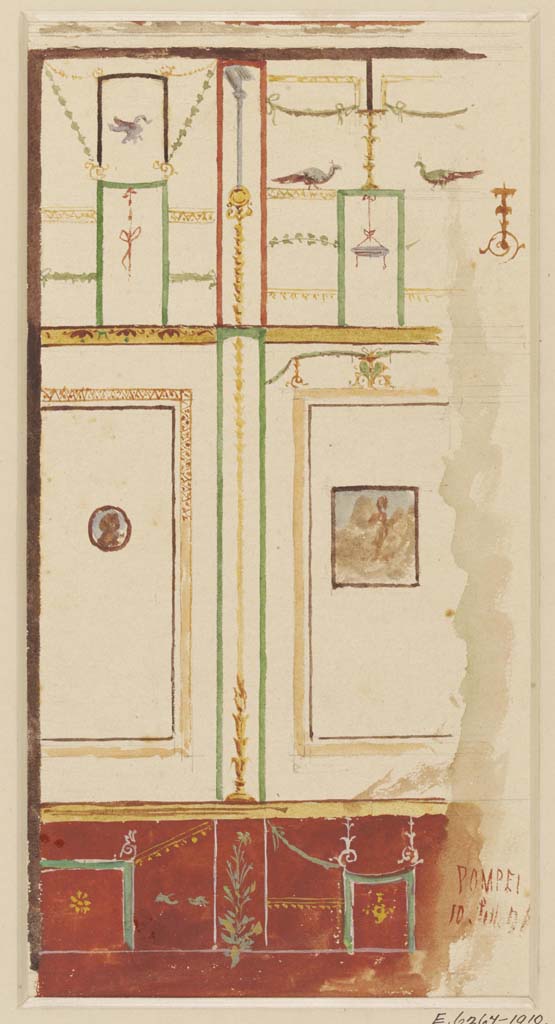VI.8.3/5 Pompeii. 10th September (18)76. 
Watercolour by Luigi Bazzani, preliminary study of painted wall-decoration in the 'House of the Tragic Poet' at Pompeii. 
Photo © Victoria and Albert Museum. Inventory number 2034-1900.
(Note: Although this painting is described as from this house, we have been unable to locate a likely area.
It may have been from “our” rooms 10, 8, or Ala 4
According to the cross-section above, the front of the house (VI.8.5) seemed to have red zoccolos, the rear section (VI.8.3) appeared to have black ones).

