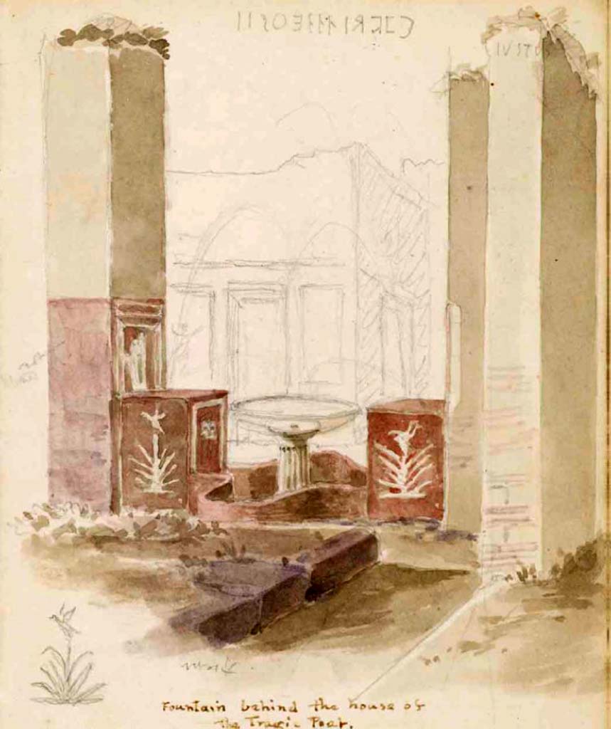 VI.8.20 Pompeii. c.1830. Drawing from sketchbook of Gell, showing the fountain behind the House of the Tragic Poet.
See Gell, W. Sketchbook of Pompeii, c.1830. 
See book from Van Der Poel Campanian Collection on Getty website http://hdl.handle.net/10020/2002m16b425
