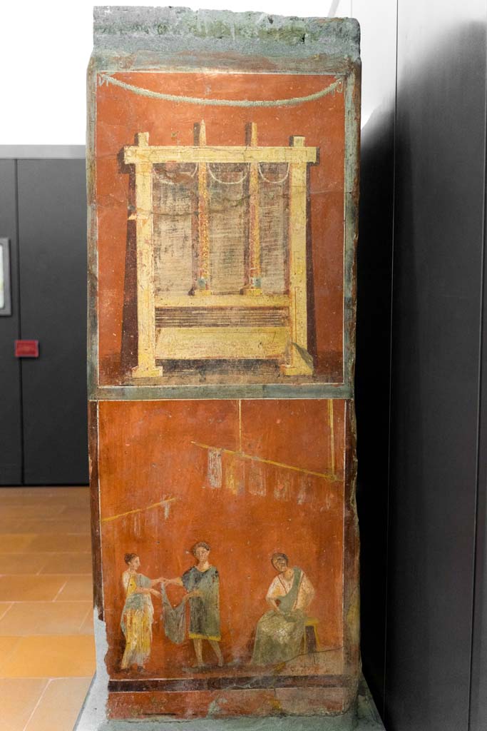 VI.8.20 Pompeii. July 2021. 
Pillar found in the Fullonica, showing Fullers at work in the treading vats. Photo courtesy of Johannes Eber.
Now in Naples Archaeological Museum. Inventory number 9974.
