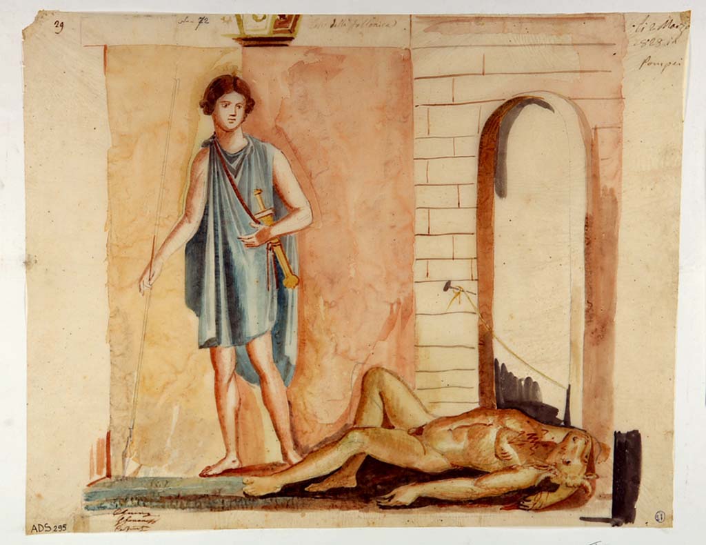 VI.8.20 Pompeii. Watercolour by Giuseppe Marsigli, 2nd March 1829, showing Theseus and the Minotaur from north wall of oecus, but now completely lost from the wall.
Now in Naples Archaeological Museum. Inventory number ADS 295.
Photo © ICCD. http://www.catalogo.beniculturali.it
Utilizzabili alle condizioni della licenza Attribuzione - Non commerciale - Condividi allo stesso modo 2.5 Italia (CC BY-NC-SA 2.5 IT)
