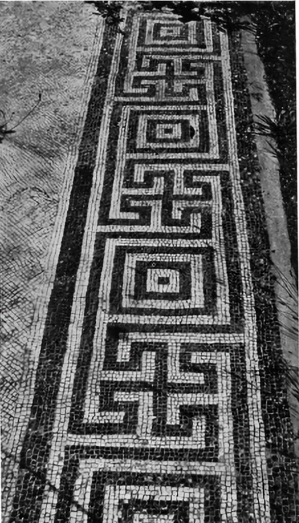 VI.8.20 Pompeii. c.1930. Room 6, detail of black and white mosaic threshold of doorway.
See Blake, M., (1930). The pavements of the Roman Buildings of the Republic and Early Empire. Rome, MAAR, 8, (p.84 & Pl.21, tav.3).
