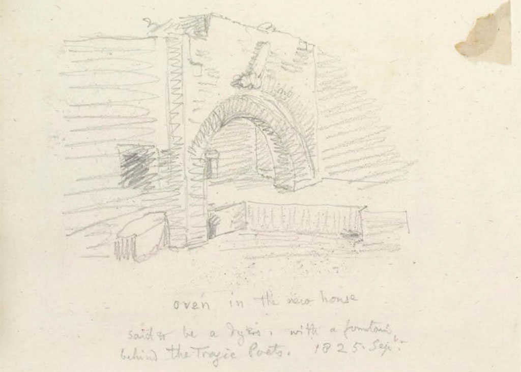 6.8.20 Pompeii. September 1825. Room 16, kitchen, with oven and bench
Sketch by W. Gell showing “Oven in the new house said to be a dyers, with a fountain, behind the Tragic Poets. 
See Gell, W. Pompeii unpublished [Dessins de l'édition de 1832 donnant le résultat des fouilles post 1819 (?)] vol II, p.152/178.
Bibliothèque de l'Institut National d'Histoire de l'Art, collections Jacques Doucet, Identifiant numérique Num MS180 (2).
See book in INHA Use Etalab Licence Ouverte

