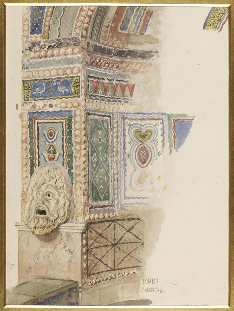 VI.8.22 Pompeii. 11th May 1878. Watercolour by Luigi Bazzani of hollow marble mask on south side of fountain.
Photo © Victoria and Albert Museum. Inventory number 1071-1886.
