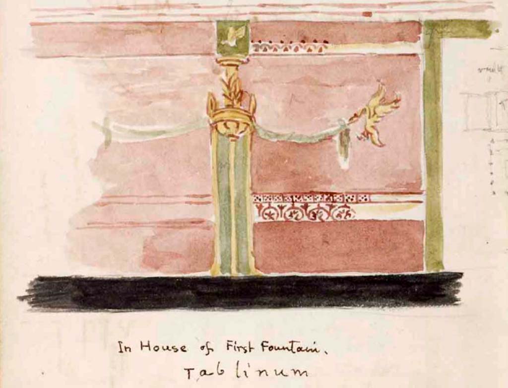 VI.8.22 Pompeii. About 1845. Old drawing looking west through the tablinum to the large fountain.
On the left is an oecus with a doorway in the south wall of the tablinum, at its west end.
See Zuccagni Orlandini, A., 1845. Atlante Illustrativo ossia raccolta dei principali monumenti italiani antichi, del medioevo e moderni e di alcune vedute pittoriche: Vol III: Regno delle due Sicilie. Firenze, Tav. XXII, n.2.
