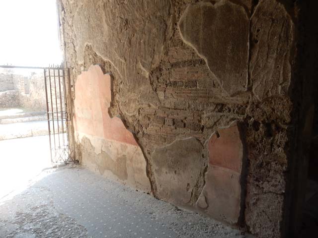 VI.8.23 Pompeii. May 2017. Remains of painted decorations from north wall of entrance corridor, looking east. Photo courtesy of Buzz Ferebee.

