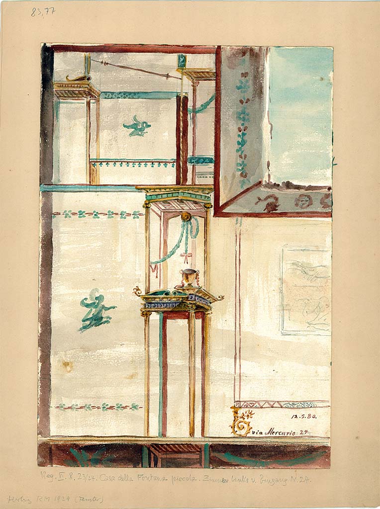 VI.8.24 Pompeii. c.1840. Detail of north side of east wall of triclinium in south-east corner of atrium.
Painting by James William Wild (1814-1892). 
Photo © Victoria and Albert Museum, inventory number E.3989-1938.
