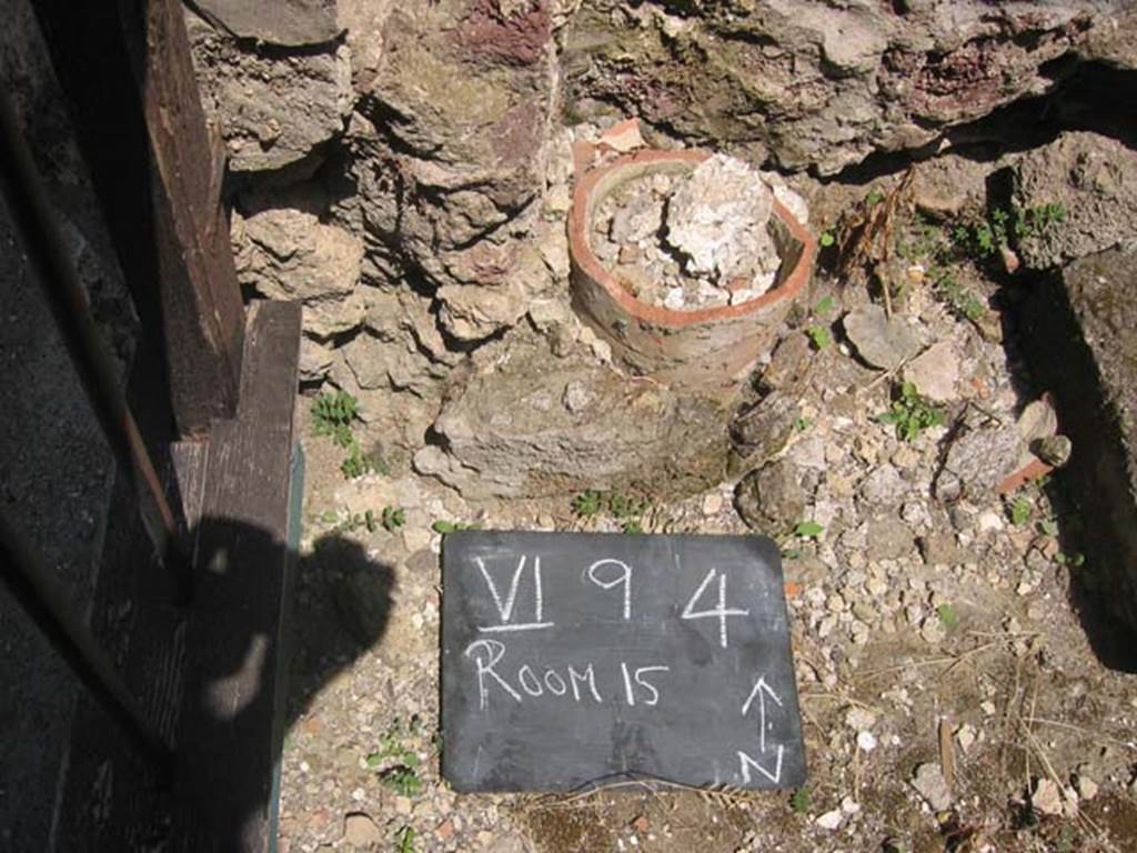 VI.9.4 Pompeii. July 2008. Downpipe in north-west corner, near entrance doorway. Photo courtesy of Barry Hobson.

