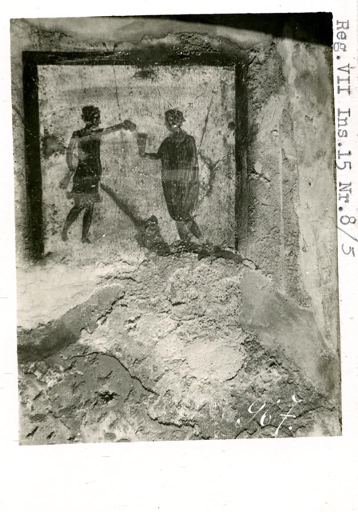 VI.10.1/19 Pompeii, but shown as VII.15.8/5 on photo. Pre-1937-39. Fresco on north wall of rear room.
Photo courtesy of American Academy in Rome, Photographic Archive. Warsher collection no. 967.
