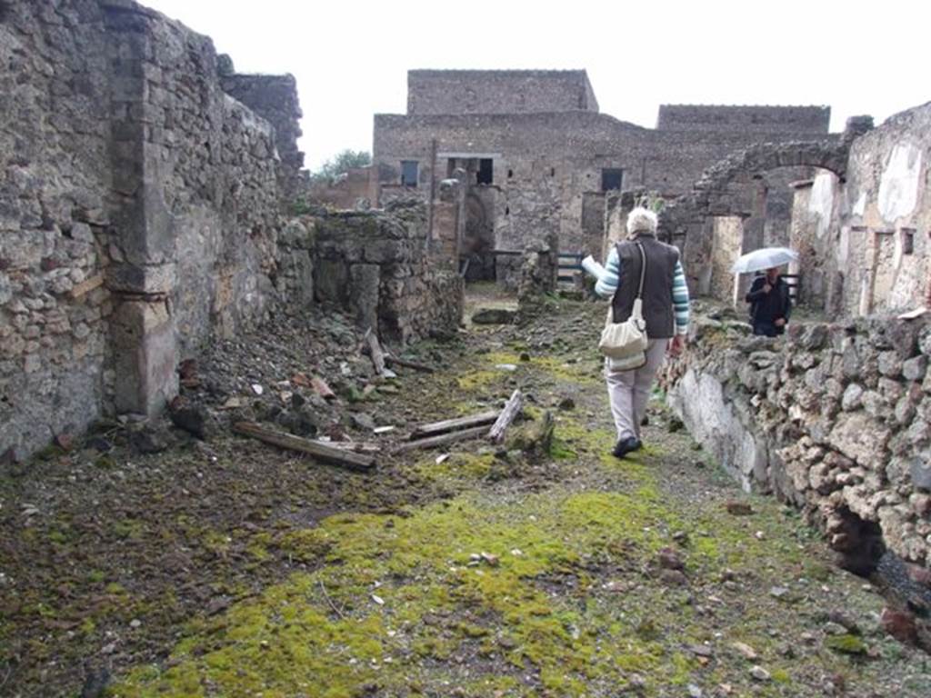 VI.10.4 Pompeii. March 2009. Looking west along north wall to front of house. The courtyard or garden area is on the front left of the photo.
According to Jashemski, the little courtyard was probably planted or decorated with potted plants. This would have been the area on which the window of the triclinium at the rear of the house opened.  See Jashemski, W. F., 1993. The Gardens of Pompeii, Volume II: Appendices. New York: Caratzas. (p.141)
