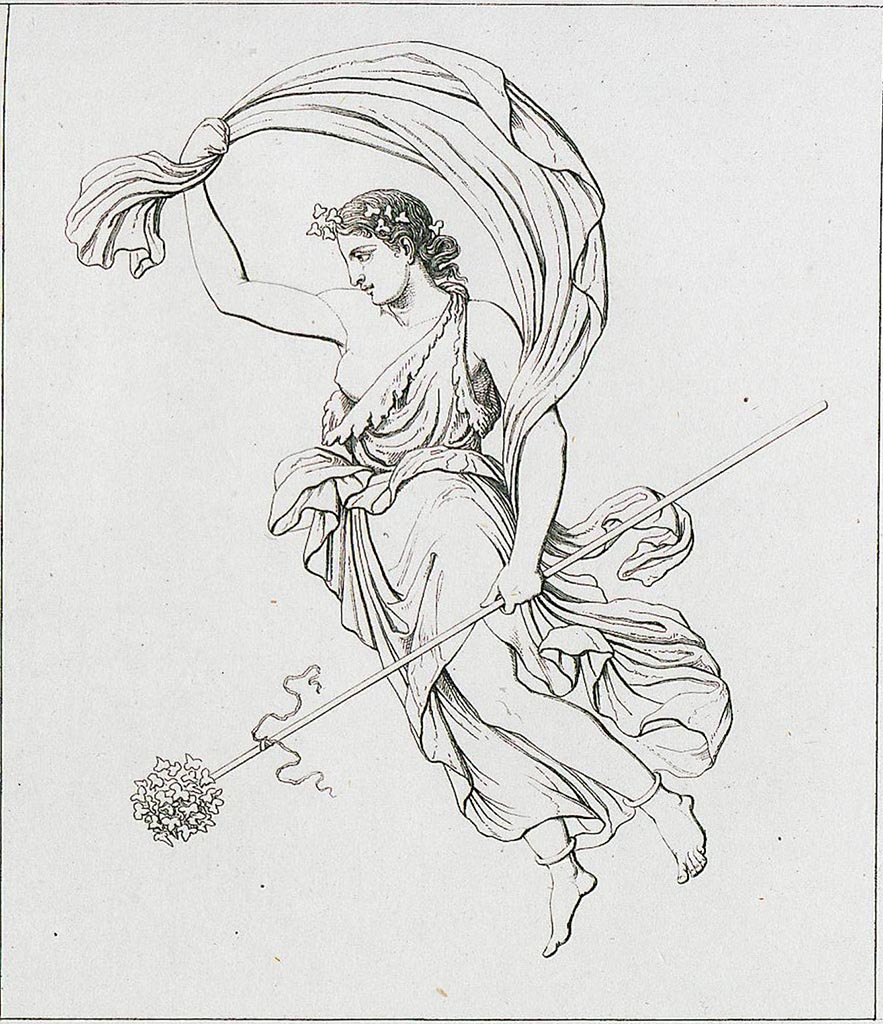 VI.10.11 Pompeii. 1835. Room 15, drawing of painting of Maenad in flight from west end of south wall of triclinium.  
See Real Museo Borbonico 1835, Volume 11, Ta. IV.
