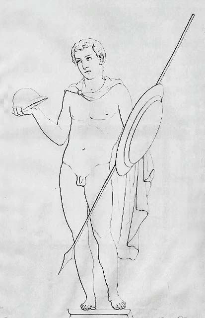 VI.10.11 Pompeii. 
Room 3, drawing of sitting Bacchus, crowned with ivy, and a cup in his hand, his panther at his side.
See Zahn, W., 1842. Die schönsten Ornamente und merkwürdigsten Gemälde aus Pompeji, Herkulanum und Stabiae: II. Berlin: Reimer. (Tav. 81)
The painting is now in Naples Archaeological Museum, inventory number 9456.
Kuivalainen comments –
“Bacchus portrayed with a panther, with no interactivity between the figures; both are looking towards the viewer. He is one of the several enthroned divinities in the atrium.”
See Kuivalainen, I., 2021. The Portrayal of Pompeian Bacchus. Commentationes Humanarum Litterarum 140. Helsinki: Finnish Society of Sciences and Letters, (p.119-120, C20).
