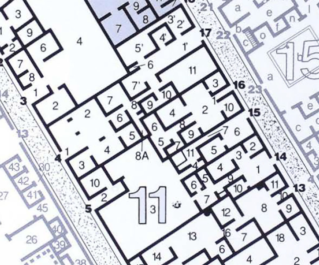VI.11.4.17 Pompeii. Plan including VI.11.4 and VI.11.17.
See Carratelli, G. P., 1990-2003. Pompei: Pitture e Mosaici: Vol. V. Roma: Istituto della enciclopedia italiana, p. 76.

