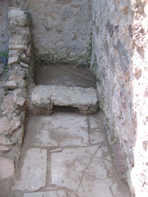 VI.11.6 Pompeii. July 2008. Looking south to latrine with foot rest, and drain through wall onto vicolo.
Photo courtesy of Barry Hobson.
