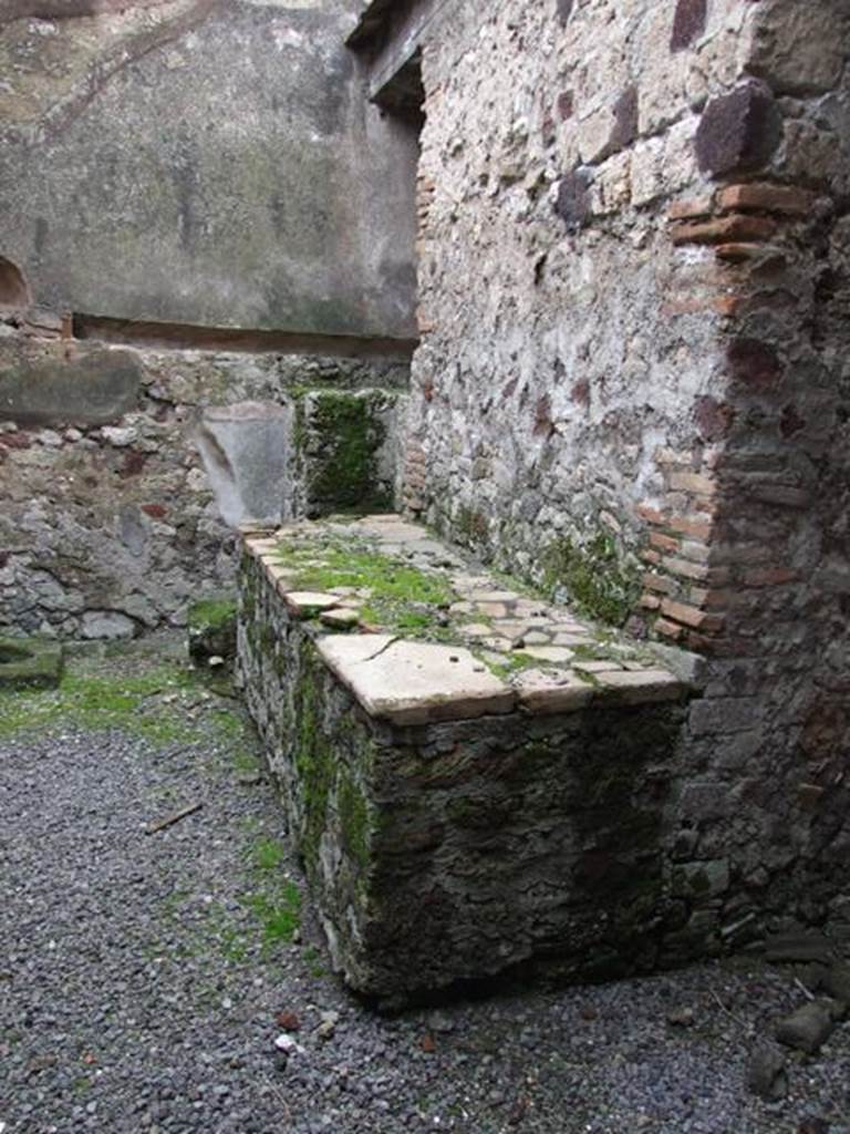 VI.11.9 Pompeii.  March 2009.  Room 37, Kitchen.  North wall with bench or hearth.