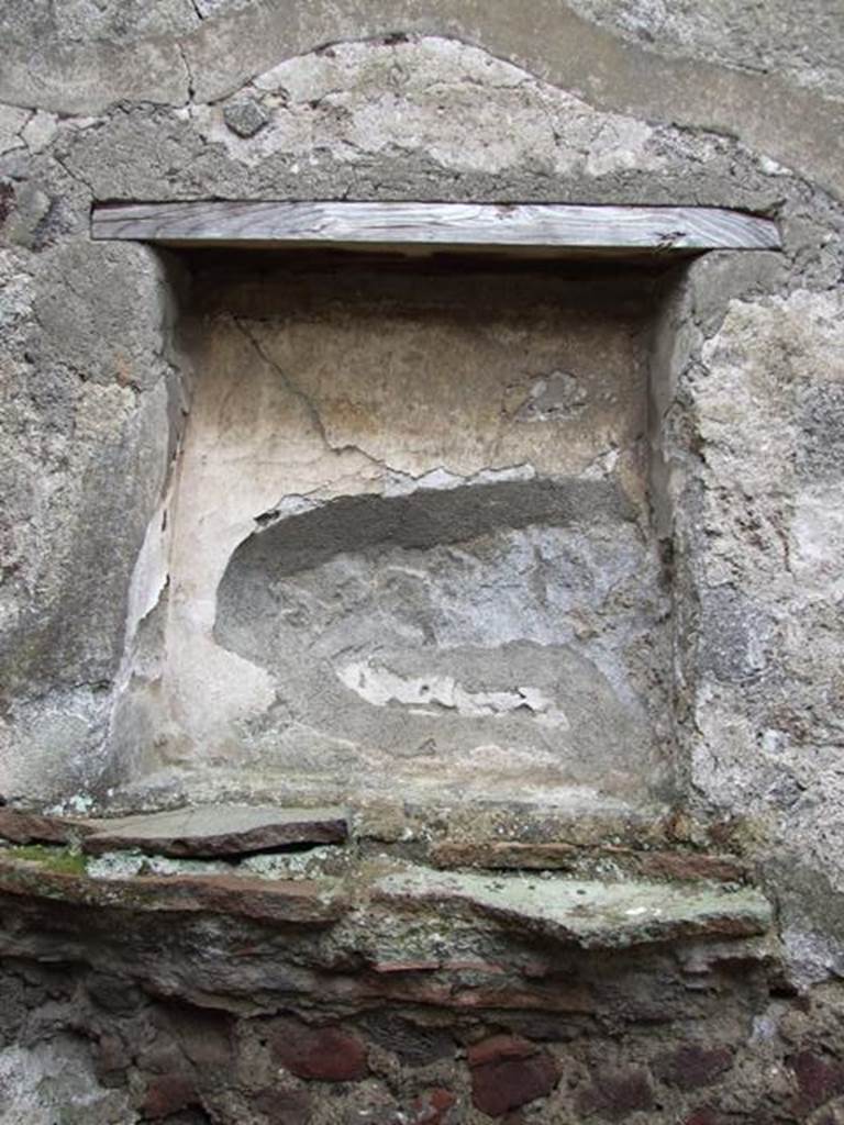 VI.11.9 Pompeii. March 2009. Room 37, square niche on south wall of kitchen. According to Boyce, in the south wall beside the hearth was a rectangular niche. On the rear wall was painted the figure of the Genius.
On the floor in front of the niche stood a small masonry altar. See Boyce G. K., 1937. Corpus of the Lararia of Pompeii. Rome: MAAR 14. (p.51, no.183) 
