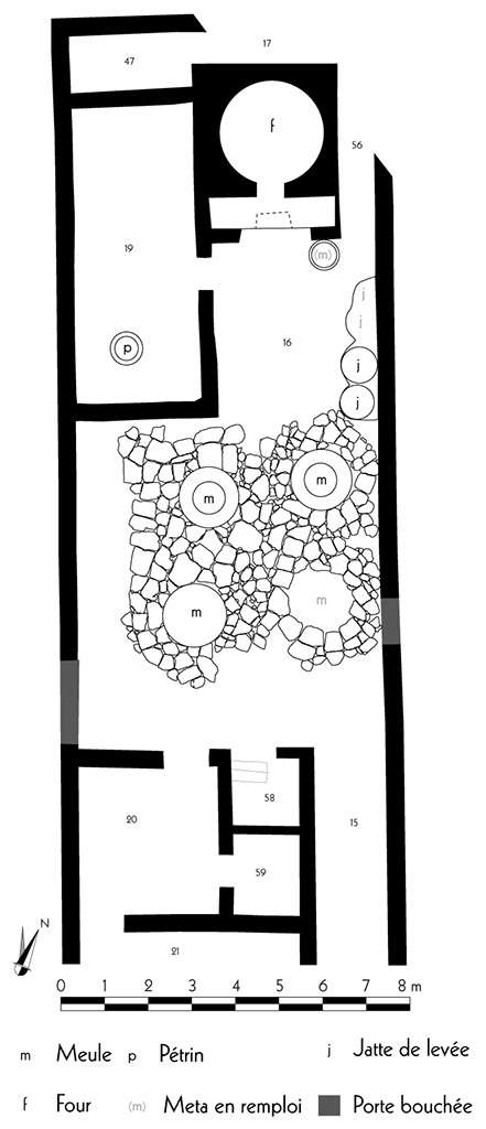 Fig. 8 - Pompéi Pistrina. Relevé de la boulangerie VI 11, 9-10.
Relevé – dessin : N. Monteix ; échelle : 1/100.
