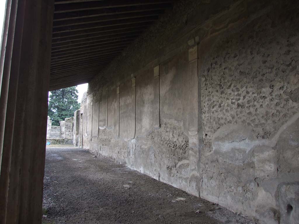VI.11.10 Pompeii. December 2006. Wall of west portico, looking south towards room 38 and doorway into services area.  