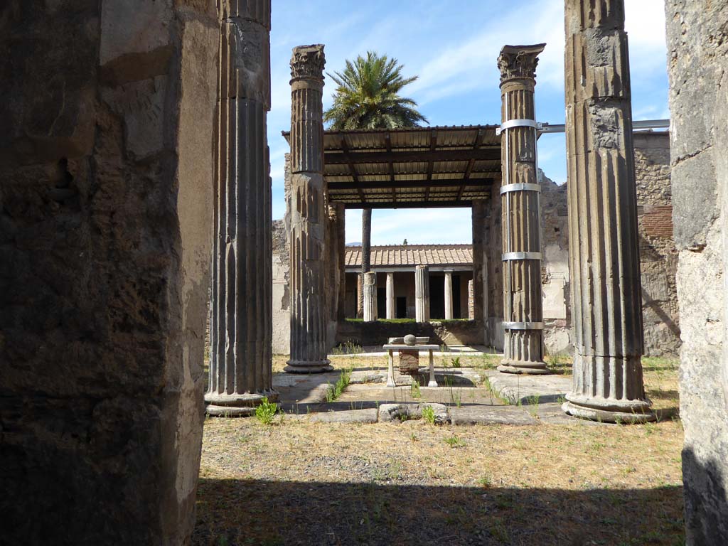VI.11.10 Pompeii. June 2019. Looking north from entrance towards impluvium in atrium, and across to tablinum.  
Photo courtesy of Buzz Ferebee.

