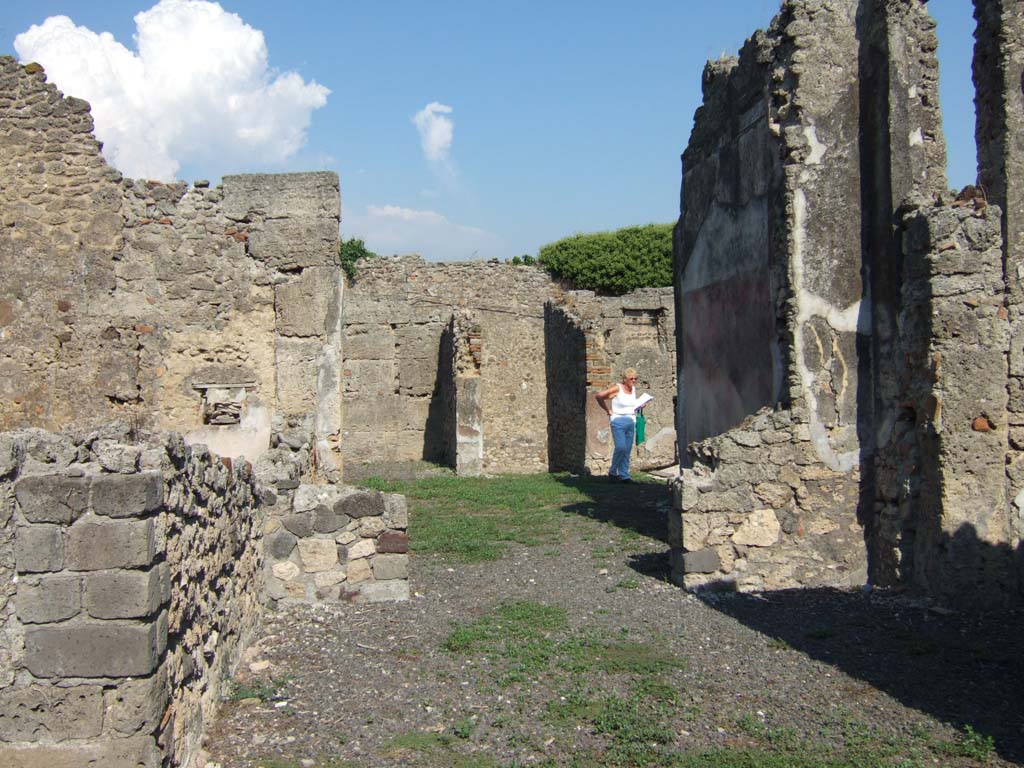 VI.11.12 Pompeii. September 2005. 
Looking across area of uncovered walkway (19) to tablinum (5), and east across atrium (2) to entrance doorway.
On the left would have been the triclinium (4), with a window at both ends.
The one in the east wall overlooked the north ala/atrium.
According to Jashemski, the garden at the rear of the house (excavated in 1842) was entered through an unroofed passageway at the rear of the tablinum.
See Jashemski, W. F., 1993. The Gardens of Pompeii, Volume II: Appendices. New York: Caratzas. (p.144)
