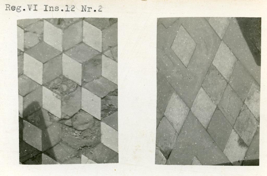 VI.12.2 Pompeii. pre-1937-1939. Detail of flooring. On the right, is the detail from impluvium in atrium.
Photo courtesy of American Academy in Rome, Photographic Archive. Warsher collection no. 336.


