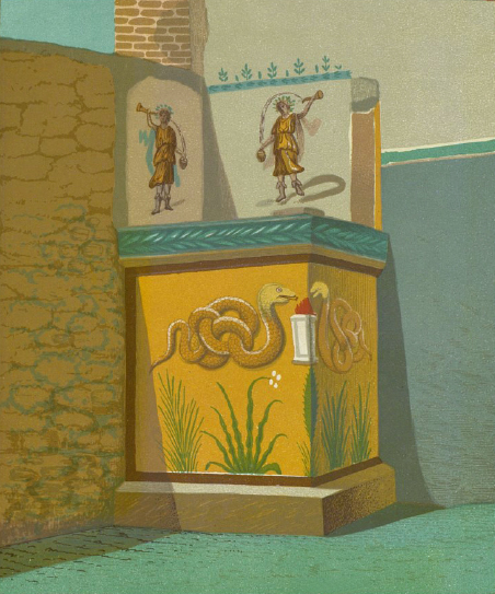 VI.13.2 Pompeii. 1878. Altar in north-east corner of peristyle. Old painting showing the decoration of the lararium. Boyce describes a rectangular podium with yellow stucco bordered with red stripes. On each of the two free sides is a serpent coiling towards a flaming altar on the free corner. The serpents and the flaming altar are in stucco relief. On each wall above is a Lar with rhyton and situla. There must have originally been an aedicula with the roof supported by a single column at the one free corner of the podium. See Boyce G. K., 1937. Corpus of the Lararia of Pompeii. Rome: MAAR 14.  (p. 52, 193, Pl. 34,4).