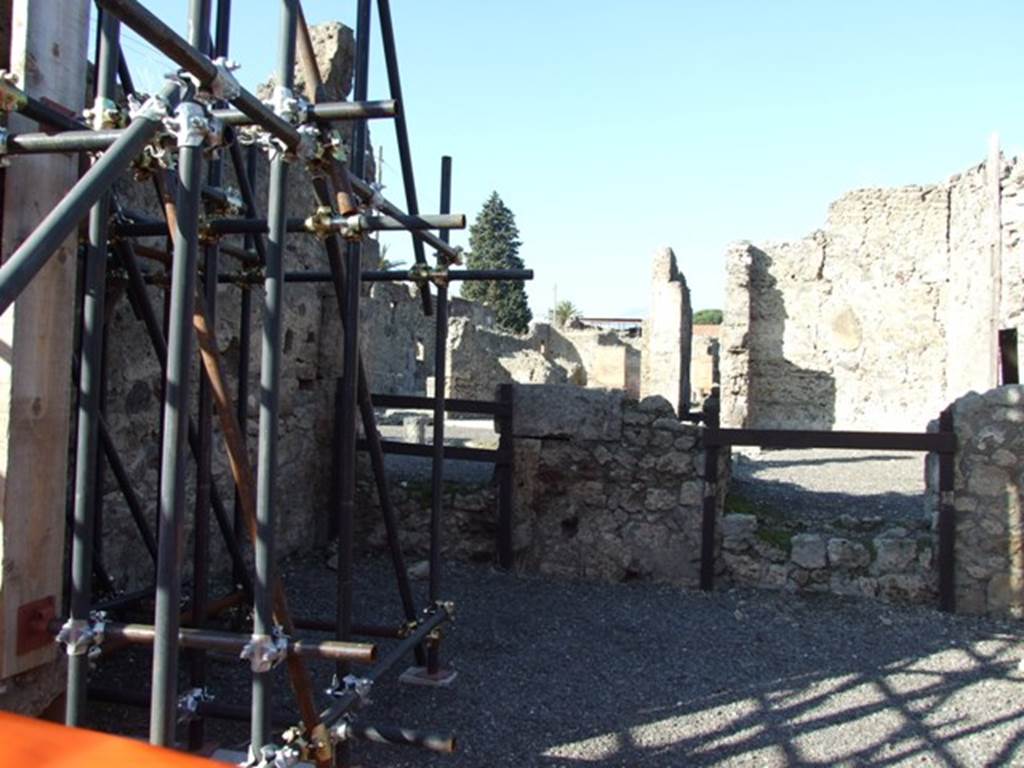 VI.13.3 Pompeii. December 2007. West wall of shop, behind scaffolding , and north-west corner of shop.