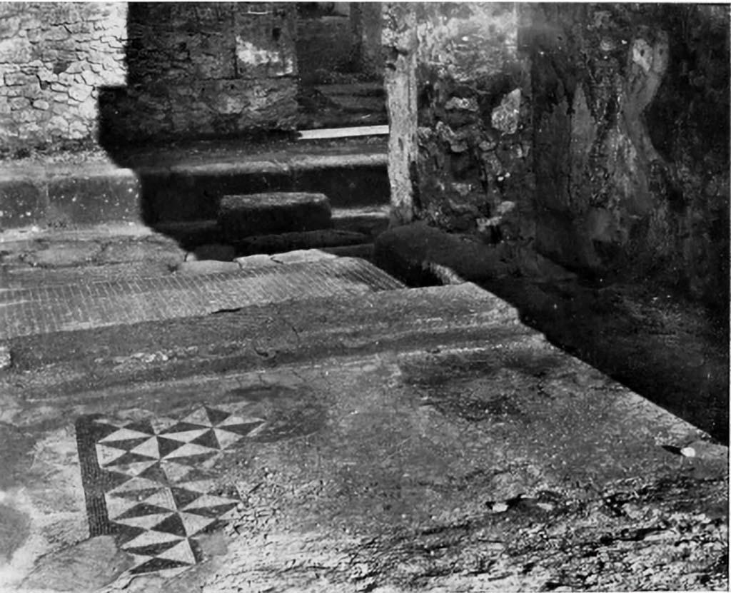 VI.13.13 Pompeii, c.1930. Looking east from atrium, across entrance mosaic, towards vestibule and entrance doorway.
See Blake, M., (1930). The pavements of the Roman Buildings of the Republic and Early Empire. Rome, MAAR, 8, (p.79, & Pl.25, tav.3).
