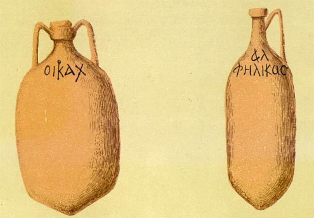 VI.13.17 Pompeii. 1874 painting by Discanno of two amphorae with their ancient labels.
The house belonged to a wine-merchant, who lived on the other side of the insula at VI.13.16, and had a bar on this side of the insula. 
Many wine amphorae were found in the garden area “e”, which were interesting because of their Greek inscriptions. 
Presuhn reproduced a drawing by Discanno of two of the amphorae with their ancient writing.
He suggests the names designate the owners of the different crûs of wine, “as well as nowadays they say: Marsala Florio, or Champagne Moët”.
See Presuhn, E. Pompei les dernières fouilles de 1874-75. Section VI, page 5, plate III.
