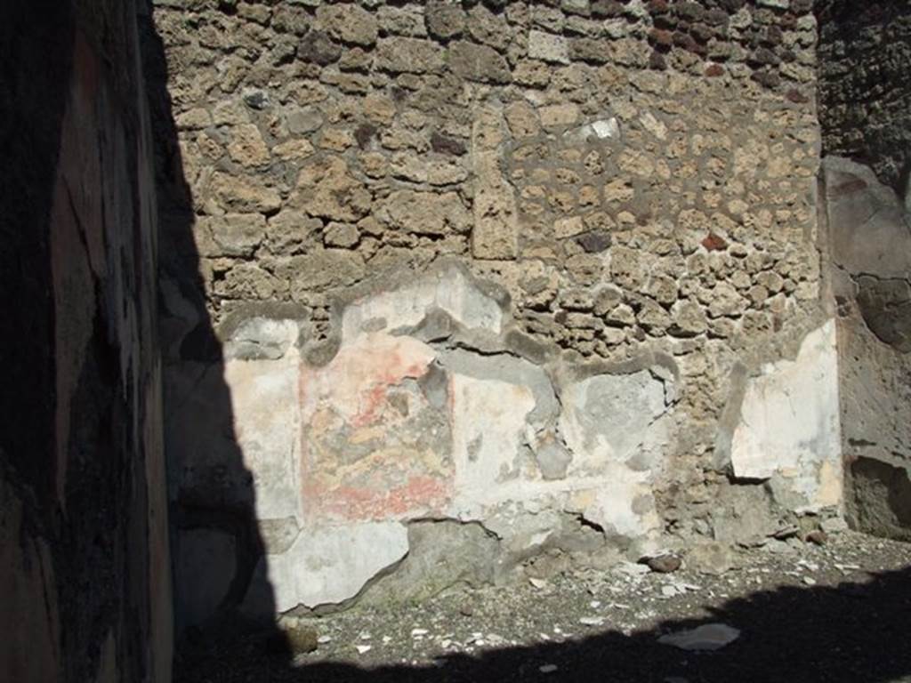 VI.14.20 Pompeii. March 2009. Room 7, north wall.
According to PPM –
“On the north wall the black zoccolo with yellow squares was preserved and sections of the middle zone with central aedicula, and red side panels with medallions (35cm diameter) and black (?) in the corners. III Style.
See Carratelli, G. P., 1990-2003. Pompei: Pitture e Mosaici: Vol. V. Roma: Istituto della enciclopedia italiana, p.272, no.12.

