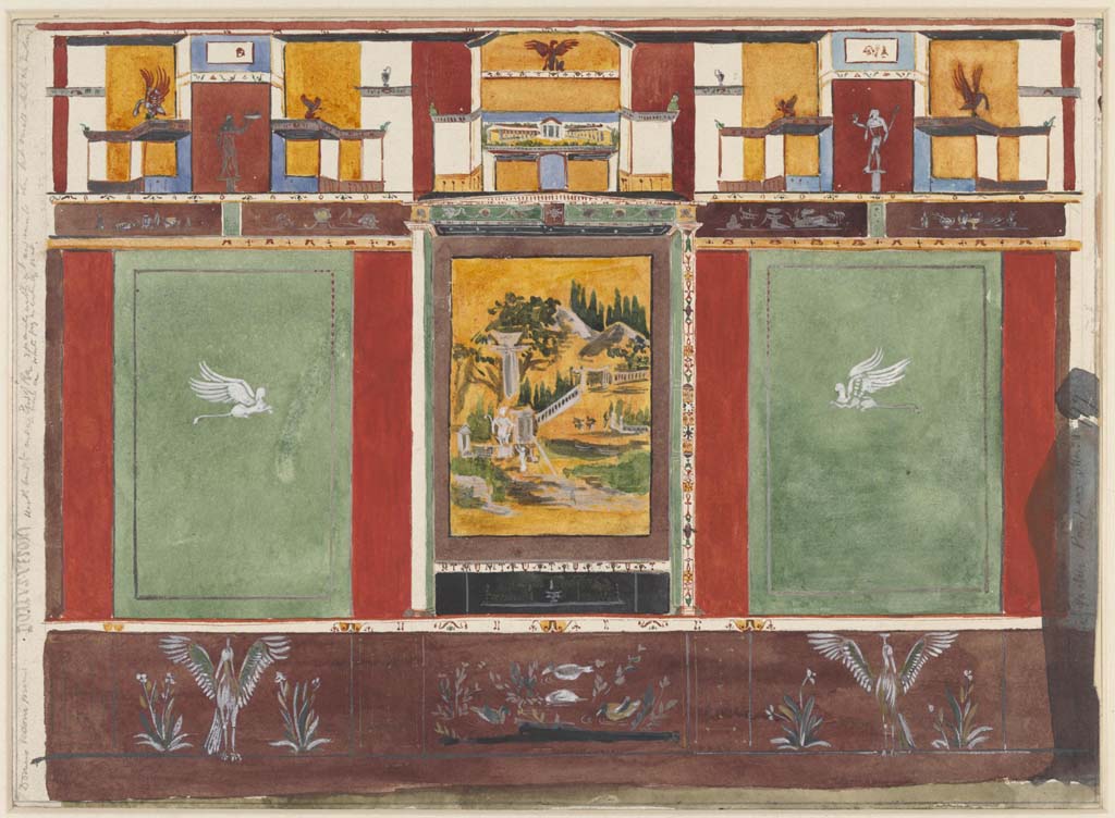VI.14.20 Pompeii. Undated (c.1870’s) painting by Sydney Vacher of detail of painted decorations from north wall of triclinium 10. 
Photo © Victoria and Albert Museum, inventory number E.4375-1910. 

