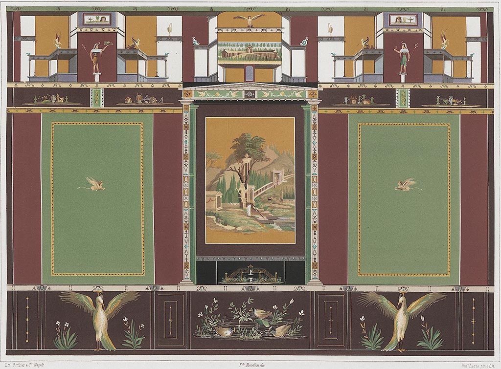 VI.14.20 Pompeii. Undated (c.1870’s) painting by Sydney Vacher of detail of painted decorations from north wall of triclinium 10. 
Painting by Sydney Vacher. Photo © Victoria and Albert Museum, inventory number E.4376-1910. 

