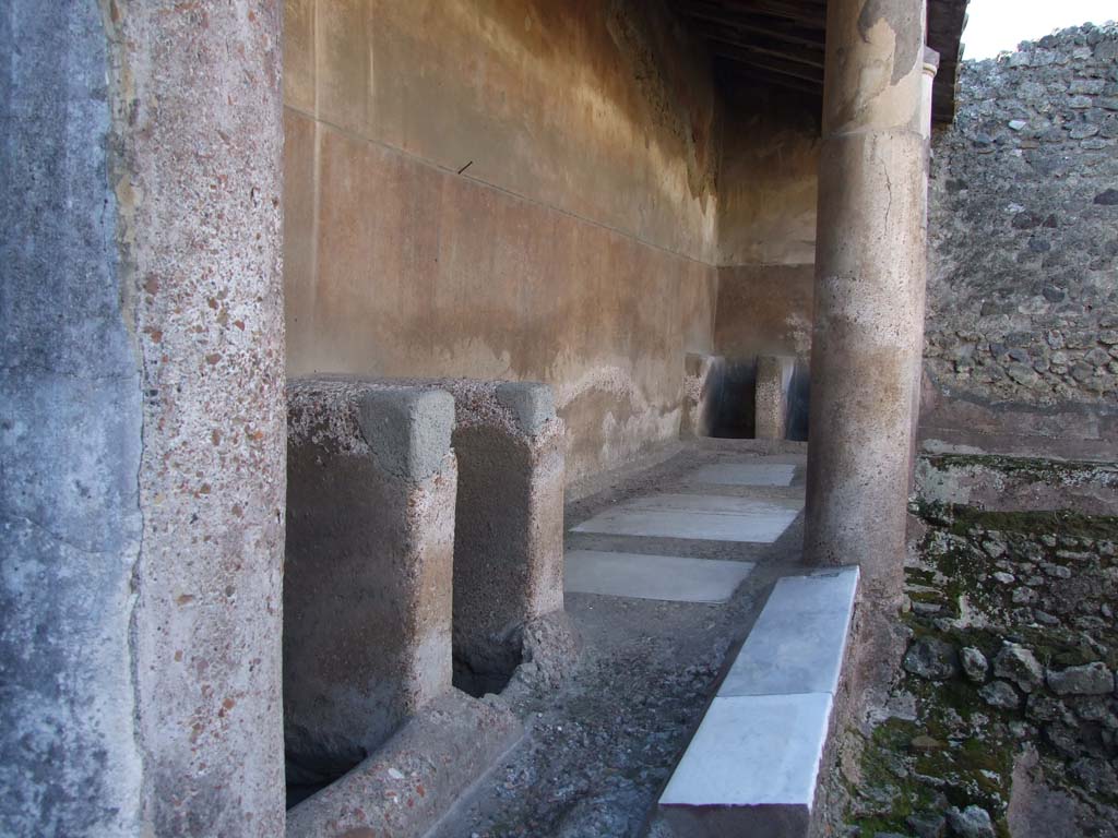 VI.14.22 Pompeii. December 2007. Room 12, raised level with foot basins. Looking west.  