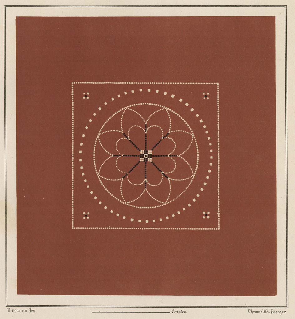 VI.14.22 Pompeii. 1878 painting of floor by Discanno, chromolithograph by Steeger.
Reproduction of flooring of cocciopesto with a floral decoration in the centre outlined with black and white tesserae.
This has now disappeared and been lost. 
See Presuhn E., 1878. Pompeji: Die Neuesten Ausgrabungen von 1874 bis 1878. Leipzig: Weigel, Fasc. IV, Tav. IV.
See Carratelli, G. P., 1990-2003. Pompei Pitture e Mosaici: Vol. V. Roma: Istituto della enciclopedia italiana, (p.321, no.23).
