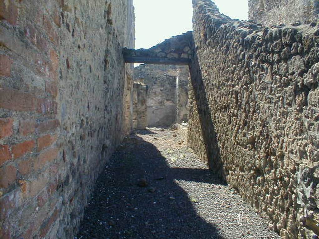 VI.14.25 Pompeii. September 2004. Looking west along entrance corridor. According to BdI, the fauces was of a very long length (8.22m). However the house was a very poor small house. See BdI, 1876, (p.45-46).
On the left of the corridor (centre of photo) would be the doorway to the triclinium.
According to BdI, when excavated this was the grandest room, painted in the last IV Style, on a white background. In the middle of each painted compartment were painted birds.
The ceiling was formed by what could be called a decorative vault of stucco. The threshold, of which the post could be seen, was perhaps of wood. A large window opened towards the west onto a small garden, which was on the same (south side) of the atrium.
