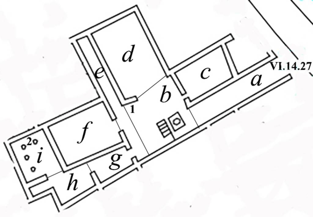 VI.14.27 Pompeii. Plan of house showing location of some of the finds.
In room “b”, at no. 1, was found 
The statue of Venus Anadyomene. Now in Naples Archaeological Museum. Inventory number 110602.
In room “i”, at no. 2, were found
A marble bust of Epicurus. Now in Naples Archaeological Museum. Inventory number 110872.
A marble bust of bearded Pseudo-Seneca. Now in Naples Archaeological Museum. Inventory number 110873. 
A marble herm of Dionysus. Now in Naples Archaeological Museum. Inventory number 110874. 
A marble herm of a Dionysian female. Now in Naples Archaeological Museum. Inventory number 110875.
See Carrella A. et al. Marmo Pompeiana nel Museo Archeologico Nazionale di Napoli. SAP 26: 2008. Roma: L’Erma di Bretschneider, pp. 92-95.

According to Boyce, in the south wall of the small in the south-west corner, room “h” (kitchen?), was a tall rectangular niche.
Its floor projected far beyond the surface of the wall.
Boyce added the note that in the small atrium “b” the following statuettes were found –
5 in bronze, of Isis, Anubis, an old seated man, and the two Lares.
1 in marble, of Venus Anadyomene, adorned with necklace and bracelets of gold.
1 in silver, of Harpocrates leaning upon a tree trunk, with a small dog on either side of him. Inventory number 110626?
1 of terracotta, of a goddess reclining on a couch.
At least the first five of these figures are thought to have been contained in a wooden chest, the lock of which was found by excavators.
Also found were a mirror, coins and small bronze objects.
See Boyce G. K., 1937. Corpus of the Lararia of Pompeii. Rome: MAAR 14. (p. 53, no. 202)  
See Giornale di Scavi, N.S. 3, 1875, p. 172.


 
