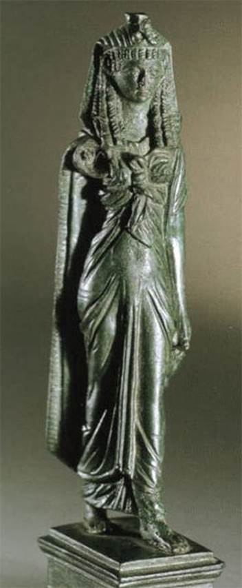 VI.14.27 Pompeii. Found in room “b”. 
Bronze statuette of Isis.  
Now in Naples Archaeological Museum. Inventory number 110605?

