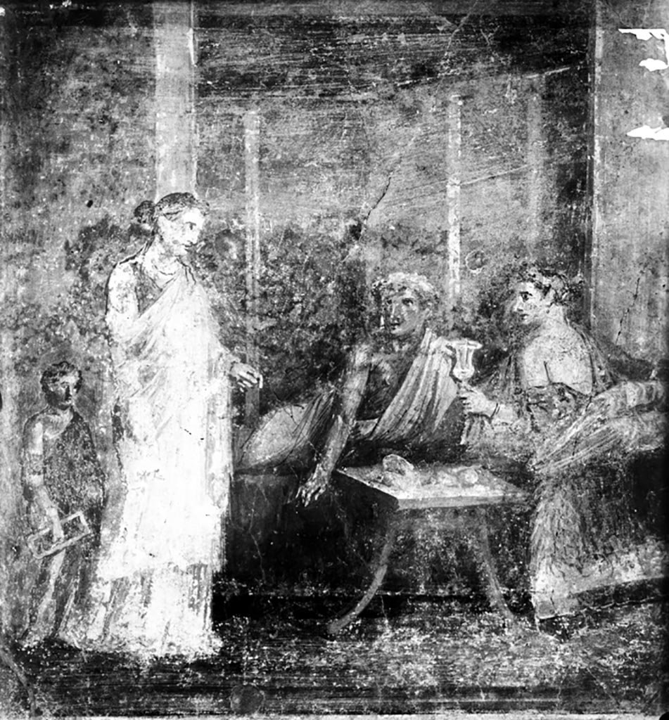 VI.14.29 Pompeii. Banqueting scene. Now in Naples Archaeological Museum.  Inventory number 111209.
See Sogliano, A., 1879. Le pitture murali campane scoverte negli anni 1867-79. Napoli: (p. 131, no. 641)
See Ward Perkins, J. and Claridge A., 1976. Pompeii AD 79.  London: Westerham. (cat. No.261, described as wall painting from a room beside the fauces)
See Richardson, L., 2000. A Catalog of Identifiable Figure Painters of Ancient Pompeii, Herculaneum. Baltimore: John Hopkins. 
(p.120, from VI.14.29/30, cubiculum d, south of fauces, The Bride of Corinth, NAP 111209) 
