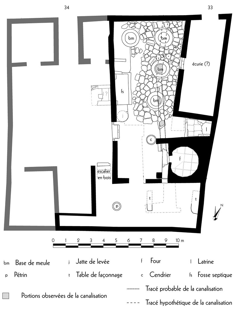 Fig. 13 - Pompéi Pistrina. Plan de la boulangerie VI 14, 33-34.
Relevé : S. Aho, E. Proudfoot, Th. Derrick ; DAO : R. Macario, N. Monteix ; échelle 1/100.
